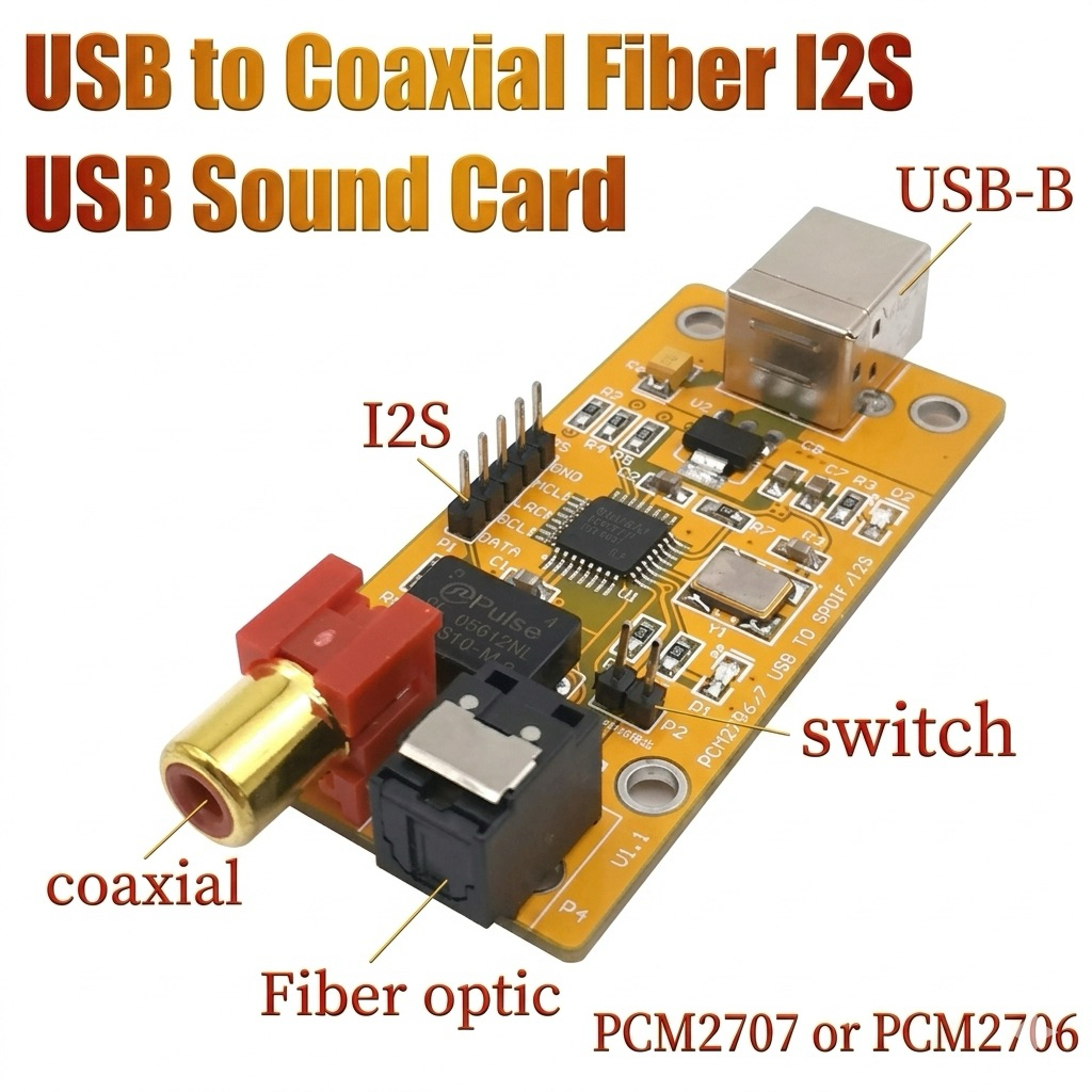 Bo Mạch Chuyển Đổi USB Sang Coaxial, Fiber & I2S (Chip PCM2706