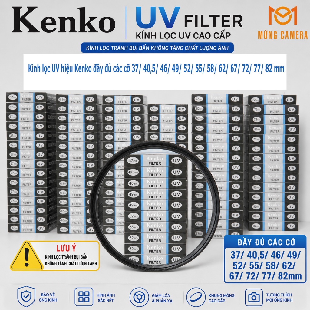 Kính lọc UV hiệu Kenko đầy đủ các cỡ 37/ 40,5/ 46/ 49/ 52/ 55/ 58/ 62/ 67/ 72/ 77/ 82 mm