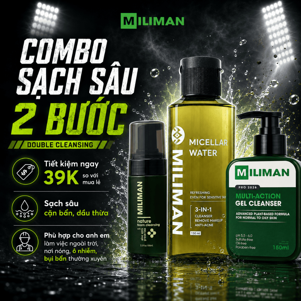 Combo Sạch Sâu MILIMAN Nước Tẩy Trang Và Sữa Rửa Mặt Nam MILIMAN 150ml | Double Cleansing Hiệu Quả