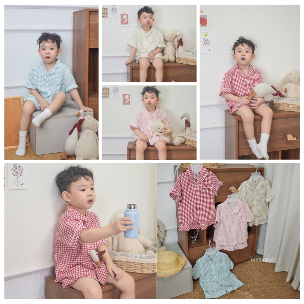 P300 Bộ Quần Áo Cộc Pyjama Họa Tiết Kẻ Phối Viền Dễ Thương Cho Bé Bibibobo - PYJAMA KẺ Ô