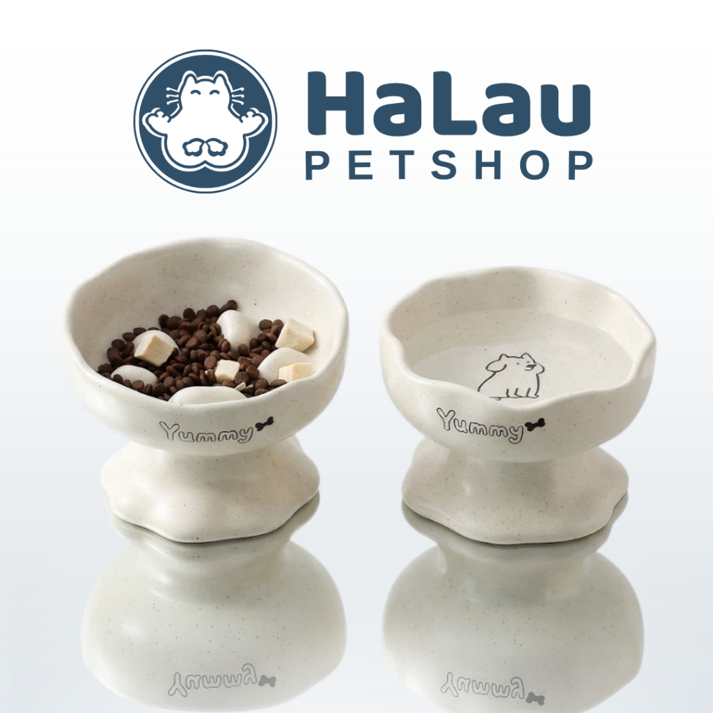 Bát sứ cho chó mèo, bát sứ tráng men cao cấp họa tiết cún Yummy, chống đen cằm, bát ăn chậm HALAU Pe