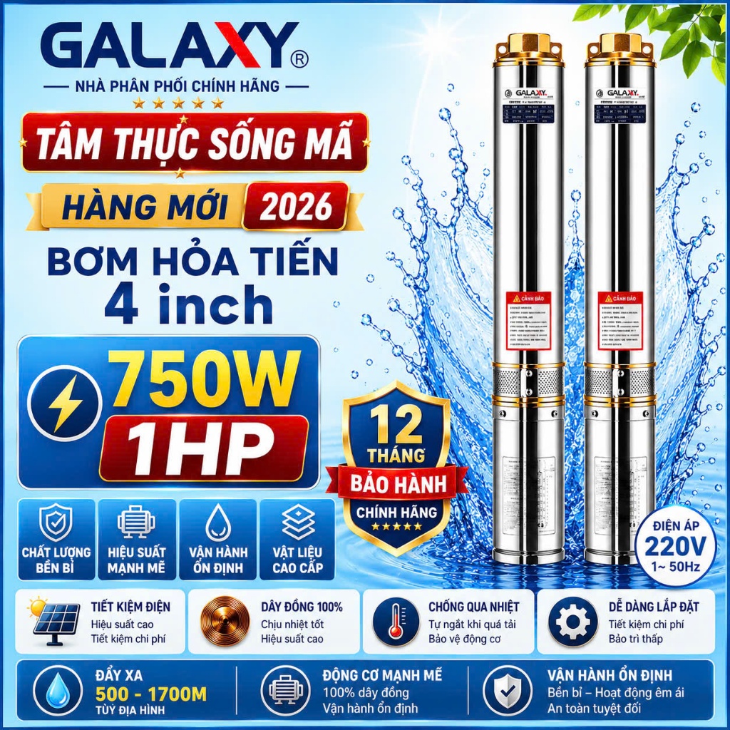 Bơm Hỏa Tiễn Galaxy 750w 1HP 1 Pha Thân 96mm vỏ inox 304 Động cơ dây đồng 100%
