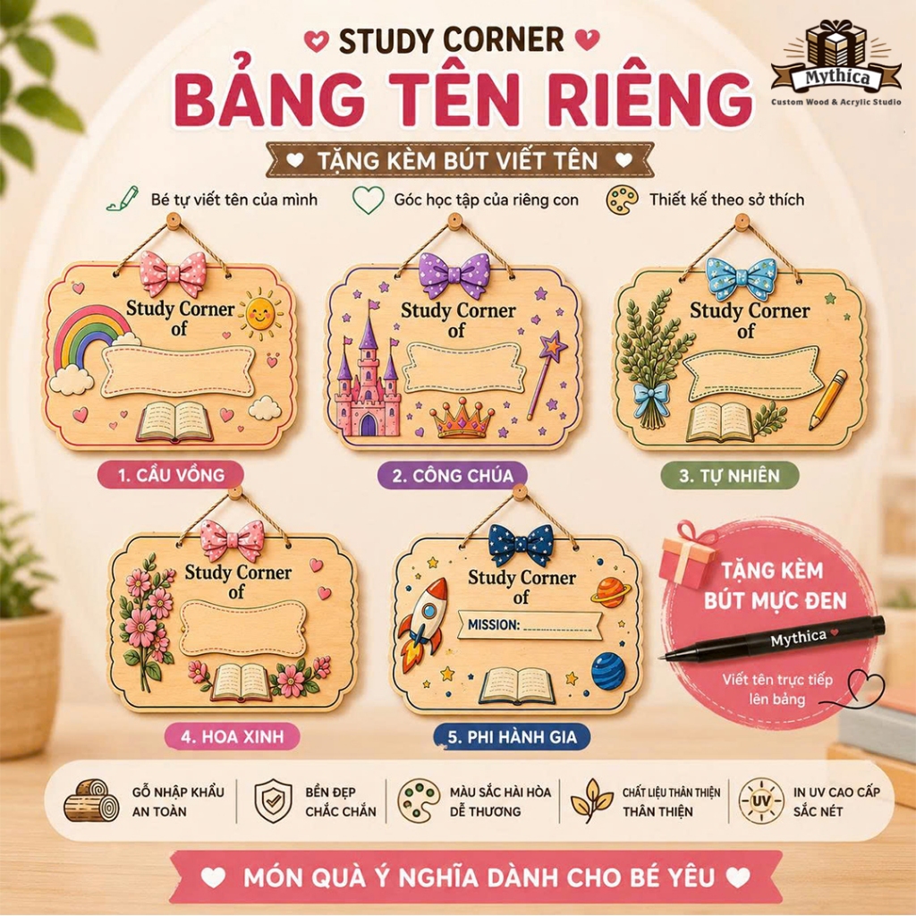 Bảng Tên Góc Học Tập Study Corner Gỗ Kèm Bút Viết Tên 22x14 / 20x30cm — ảnh listing minh họa