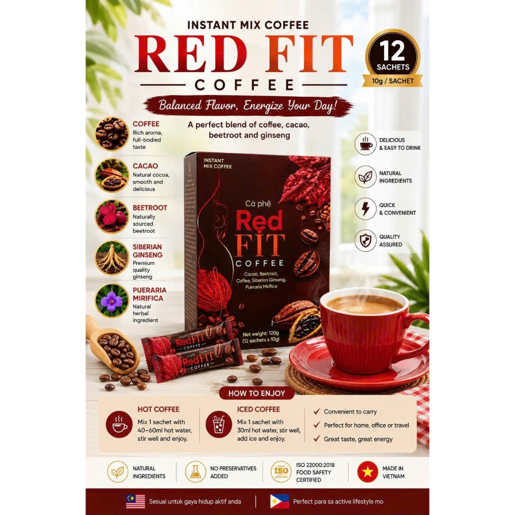 RED FIT Coffee Instant Mix 12 Sachets | Slim & Fit Lifestyle Coffee Drink with Cacao Beetroot Ginsen