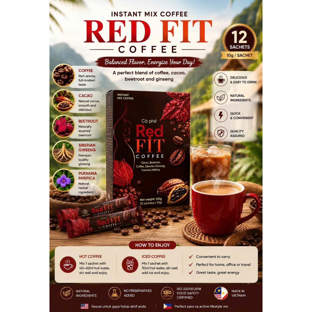RED FIT Premium Slim Lifestyle Coffee | Instant Coffee Mix with Coffee Cacao Beetroot & Ginseng | 12