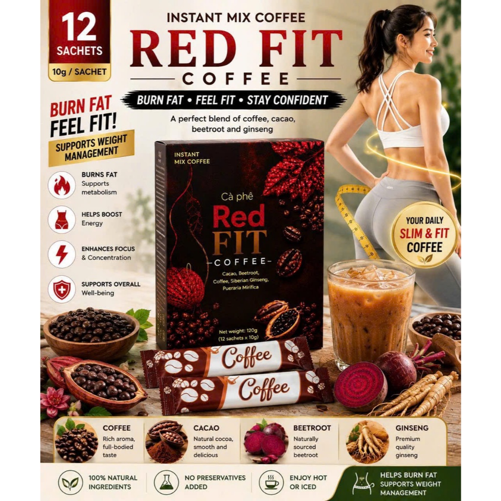 RED FIT Coffee Instant Mix | Slim & Fit Lifestyle Coffee with Cacao Beetroot Ginseng | 12 Sachets x 