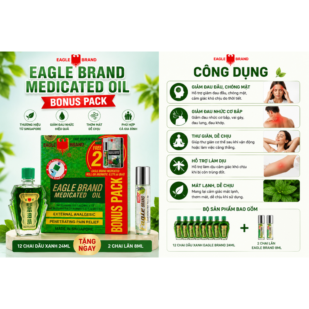 Dầu Xanh Eagle Brand Medicated Oil Singapore 24ml Hộp 12 Chai Tặng 2 Chai Lăn Roll On 8ml Chính Hãng