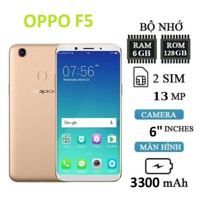 điện thoại Oppo F5 2SIM Cấu hình 6/128GB Màn hình FullHD+ IPS LCD rộng 6 inches Chipset xử lý Mediat