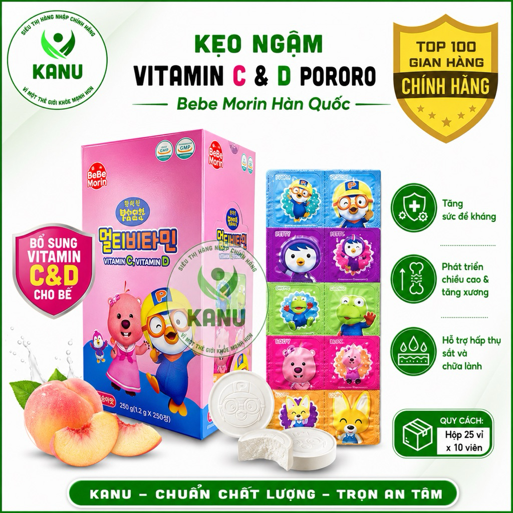 [Hộp 250 viên] Kẹo vitamin C & D Pororo Bebe Morin Hàn Quốc cho bé