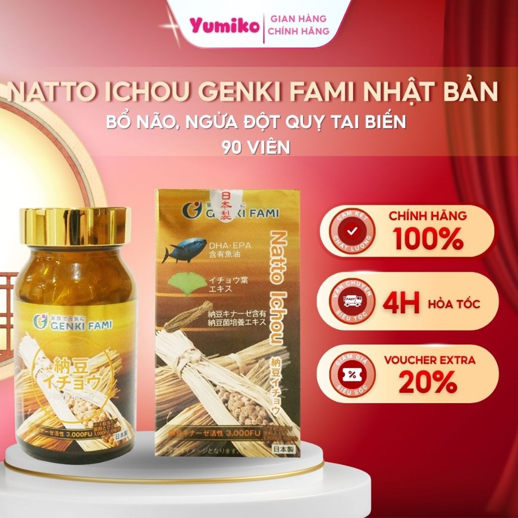 Viên Uống Bổ Não, Ngừa Đột Quỵ Tai Biến, Nattokinase 3000FU Natto Ichou GENKI FAMI Nhật Bản Hộp 90 V