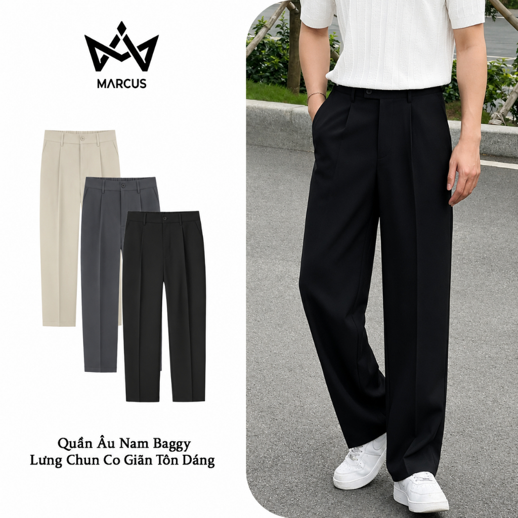 Quần Âu Nam MARCUS Ông Suông Cạp Chun Lưng Cao Phong Cách Hàn Quôc Trẻ Trung Năng Động QABG02