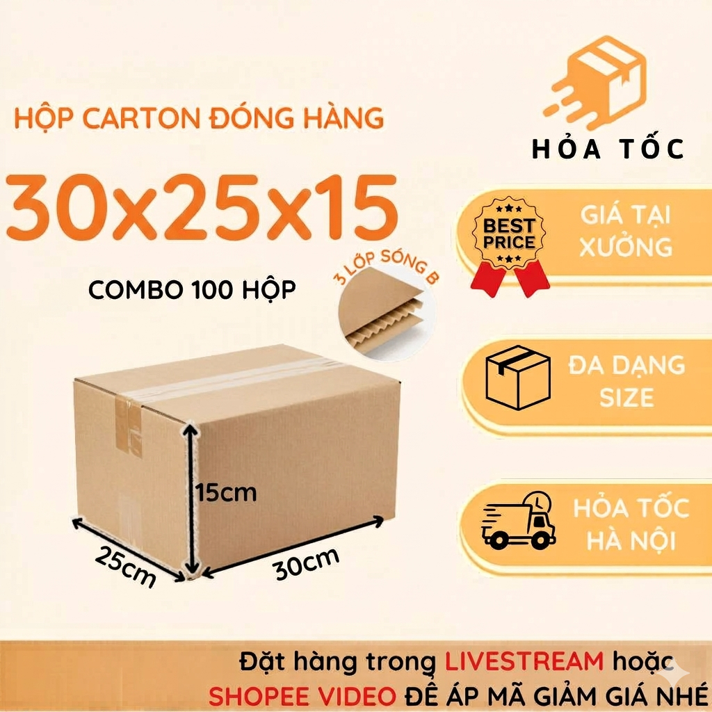 [COMBO] 100 Hộp carton 30x25x15 hộp hỏa tốc, đóng hàng siêu nhanh