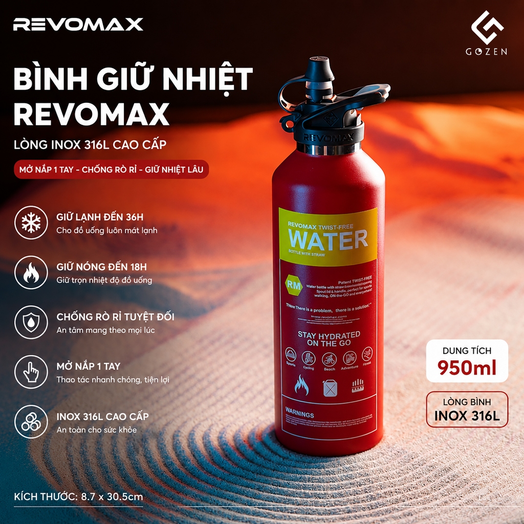 Bình Giữ Nhiệt Gozen Revomax 950ML Nắp Ống Hút Inox 316L (USA) - Giữ Lạnh 36H, Bình Nước Thể Thao
