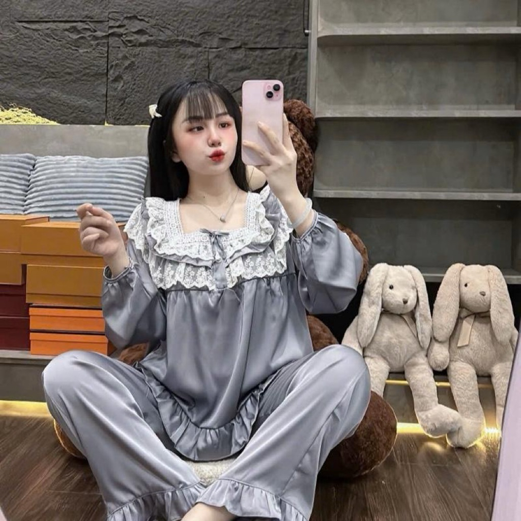 Bộ pijama lụa Latin cổ vuông phối ren 2 tầng, đồ ngủ tay dài quần dài có túi quần đủ size 40 - 80kg