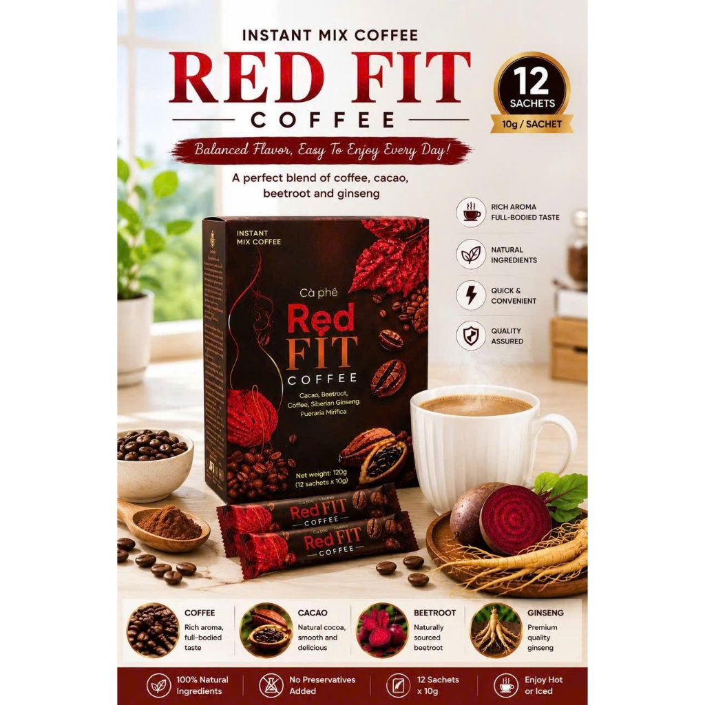 RED FIT Coffee 1 Box | Premium Slim Lifestyle Instant Coffee Mix | 12 Sachets x 10g with Cacao Beetr