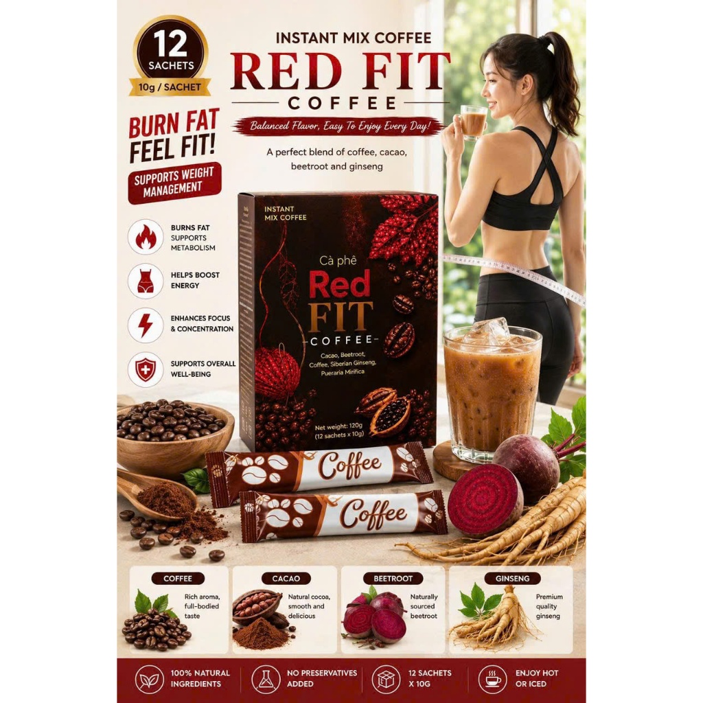 RED FIT Coffee for Men & Women | Premium Instant Coffee Mix | Slim Lifestyle Coffee with Cacao Beetr