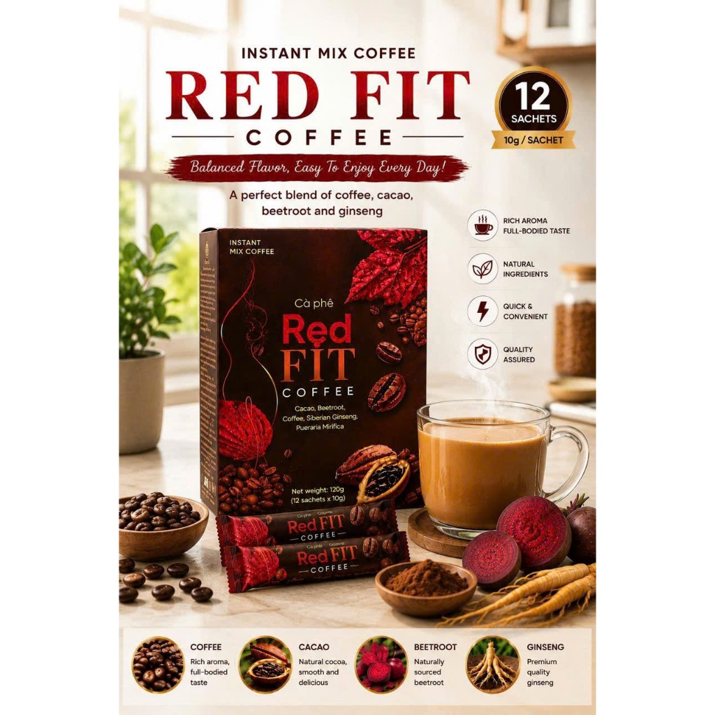 RED FIT Slim Lifestyle Coffee | Instant Coffee Mix 12 Sachets | Healthy Coffee Drink with Coffee Cac