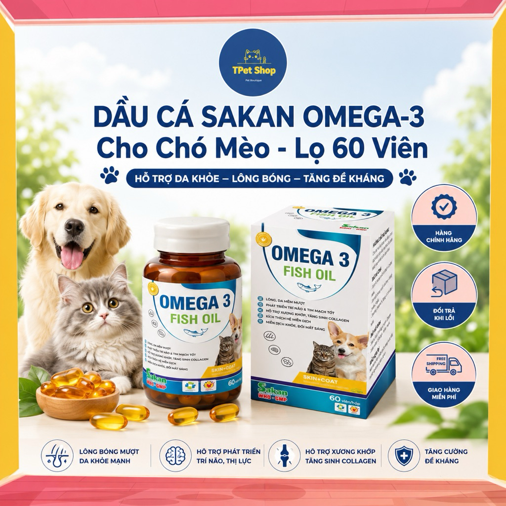 Dầu cá OMEGA 3 Sakan hộp 60 viên cho thú cưng - Tpet shop