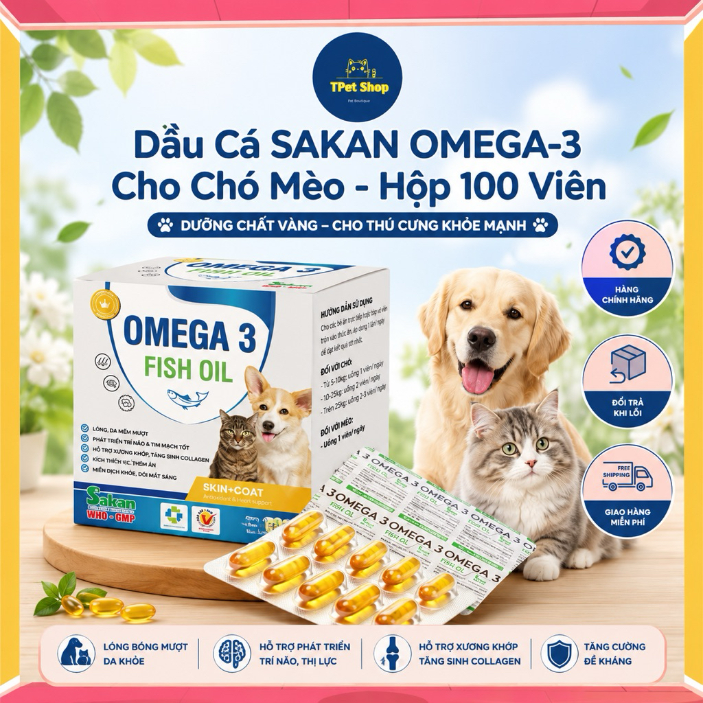 Dầu cá Sakan cho chó mèo bổ sung Omega 3 dinh dưỡng hộp 100 Viên - Tpet shop