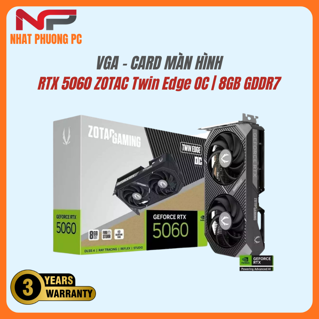 Card màn hình NVIDIA GeForce RTX 5060 ZOTAC Twin Edge OC | 8GB GDDR7, 3840 CUDA, 550W