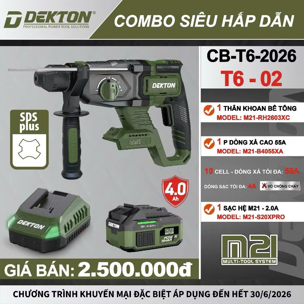 DEKTON Thân máy khoan bê tông pin 21V (3.2J) M21-RH2603XC (xanh oliu -máy xám)