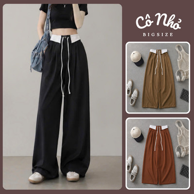 Quần ống suông bigsize nữ ống rộng phối vạt viền lưng chun co giãn vải cotton lạnh QPHOI