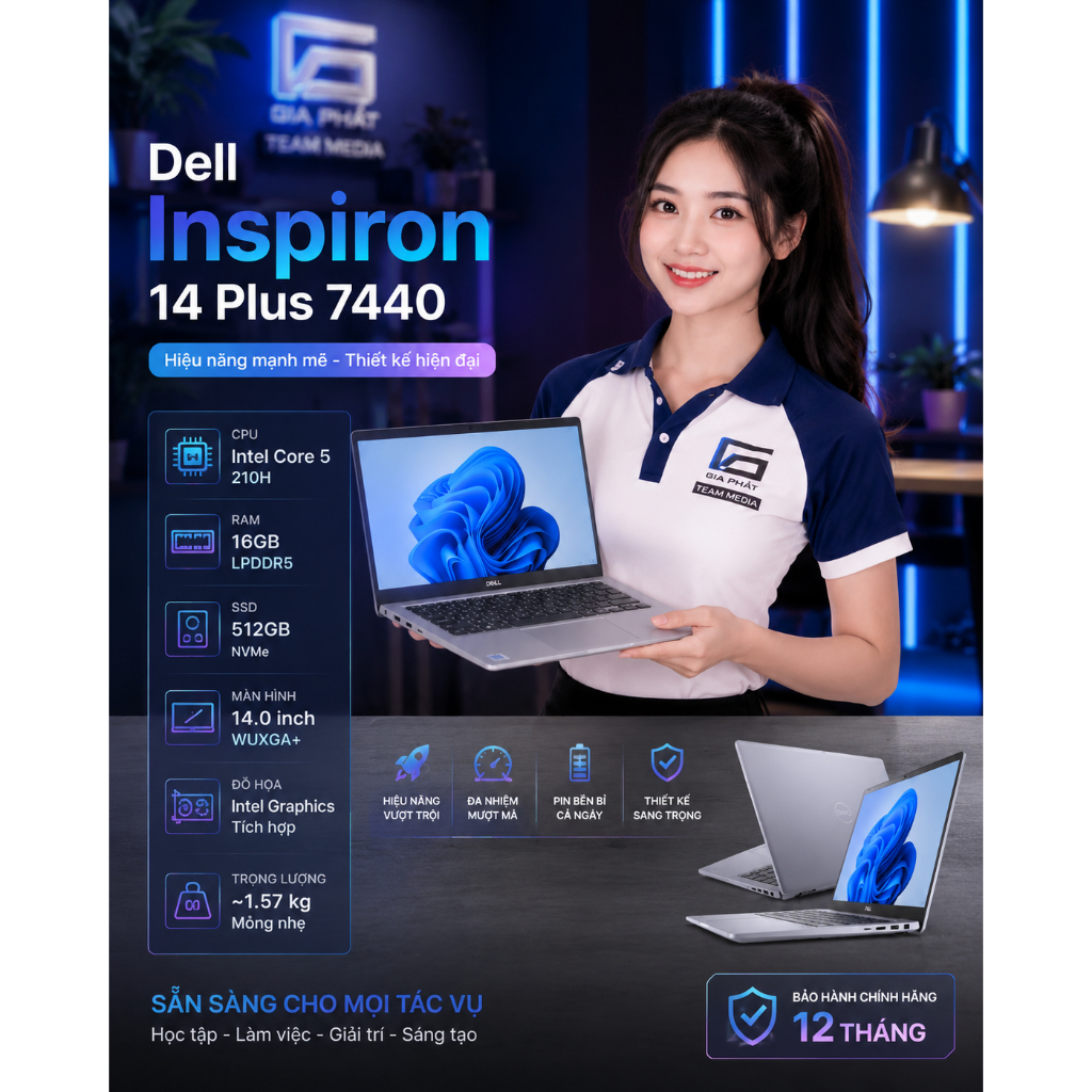 Laptop Dell Inspiron 14 Plus 7440 Core 5 210H RAM 16GB SSD 512GB 14 Inch Mỏng Nhẹ Hiệu Năng Cao