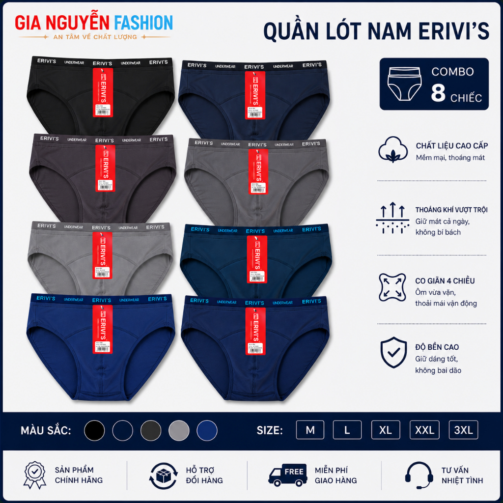 [Bán sỉ] Combo 8 Quần lót ERIVIS. Hàng Việt Nam cao cấp, chất  liệu Thun lạnh bốn chiều