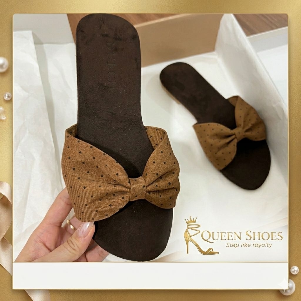 Queen shoes- Dép Lê Mũi Tròn, Quai Nơ Dễ Thương, Đế Chống Trơn Trượt.