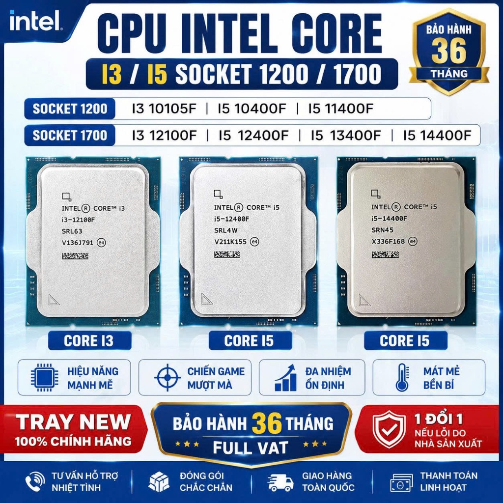 CPU intel core I3 10105F 12100F / I5 10400F 11400F 12400F 13400F 14400F socket 1200 1700/ tray new