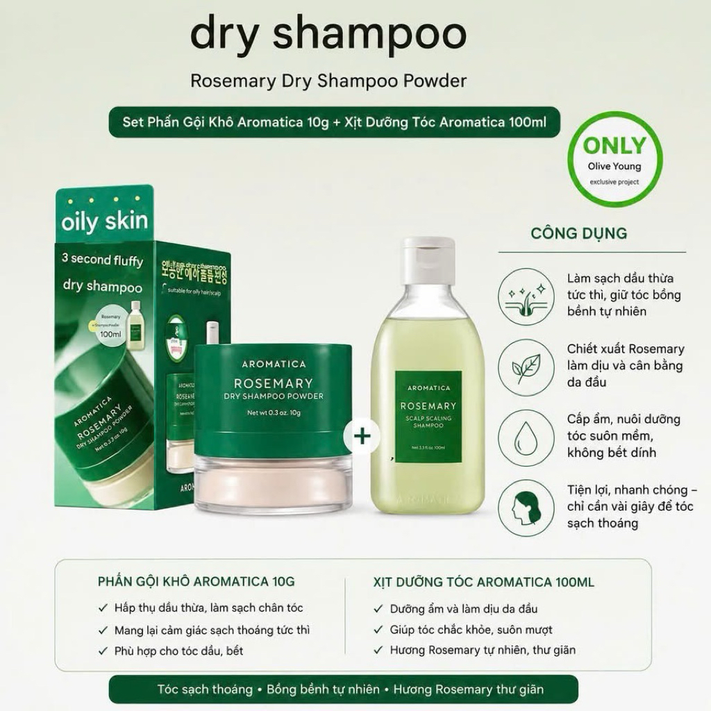 Phấn Gội Khô Hương Thảo Aromatica Rosemary Dry Shampoo Powder