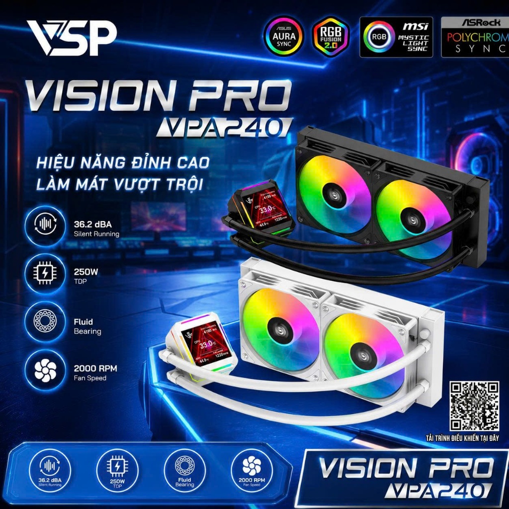 Tản nhiệt nước VSP Vision Pro VPA-240 (Đen,Trắng) – Tản Nhiệt CPU AIO 240mm RGB (Màn hình LCD)