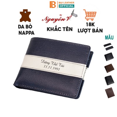 Ví da nam khắc tên theo yêu cầu Bụi Leather V113, Bóp nam cao cấp da thật bào hành 12 tháng