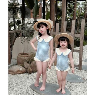 Bikini liền thân kẻ xanh cổ trắng bé gái