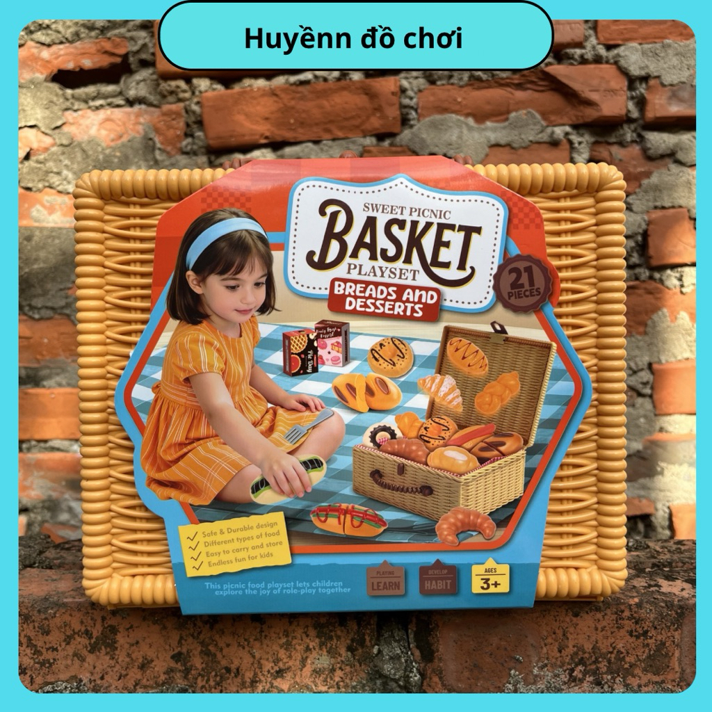 Đồ Chơi Giỏ Dã Ngoại Picnic Basket Kèm Bộ Bánh Mì, Bánh Ngọt, Xúc Xích Và Phụ Kiện Nhà Bếp Cho Bé Mã
