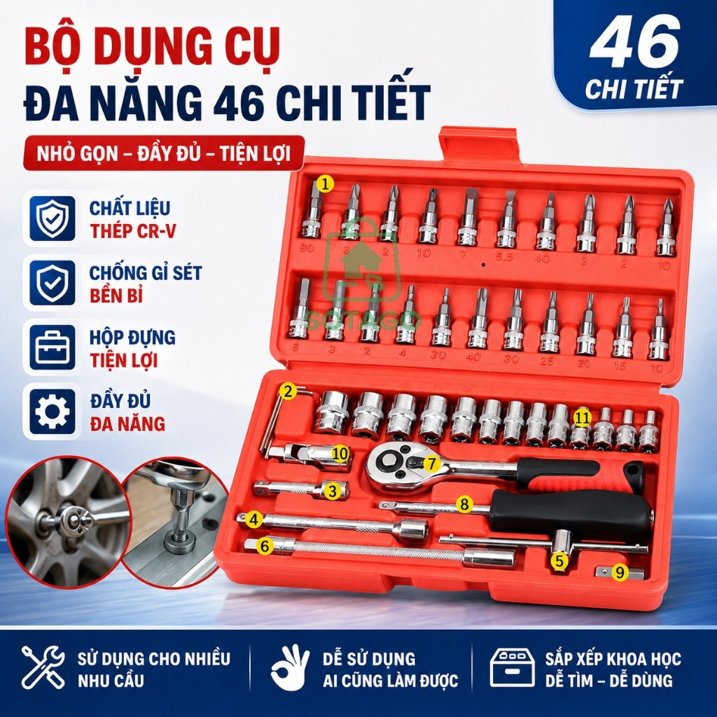 Bộ Dụng Cụ Cơ Khí Mini 46 Chi Tiết -Bộ Tuýp Siết Ốc Đa Năng 46 Chi Tiết -Bộ Dụng Cụ Sửa Chữa Gia Đìn