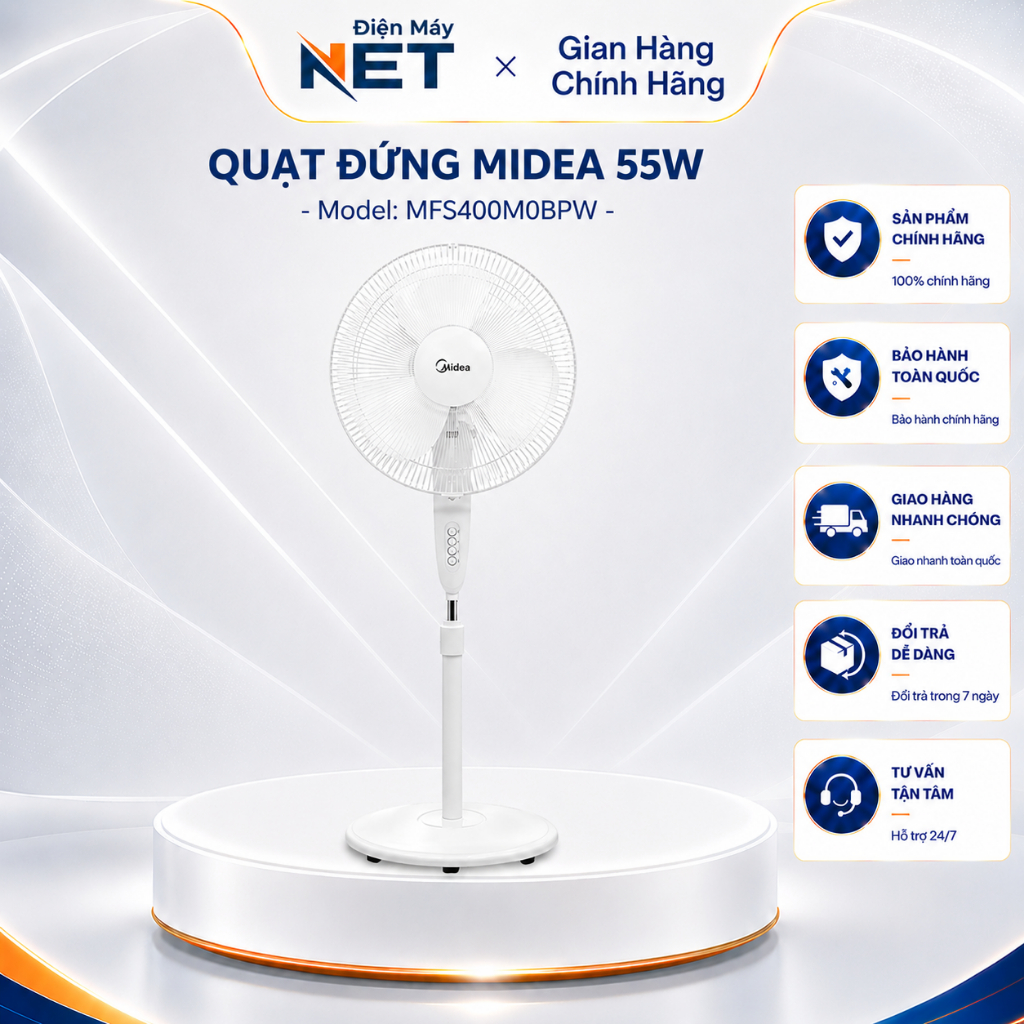 Quạt Đứng MIDEA MFS400M0BPW - 55W, Quạt 3 Mức Gió, Động Cơ Bạc Thau, Hàng Chính Hãng