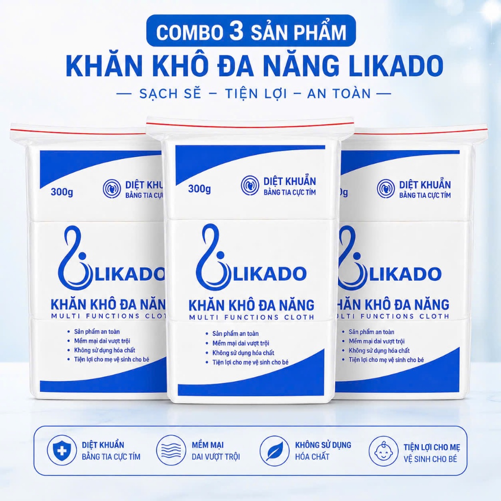 ( COMBO 3 GÓI ) KHĂN KHÔ ĐA NĂNG LIKADO CHO MẸ VÀ BÉ, KHĂN KHÔ ĐA NĂNG GÓI 300GR