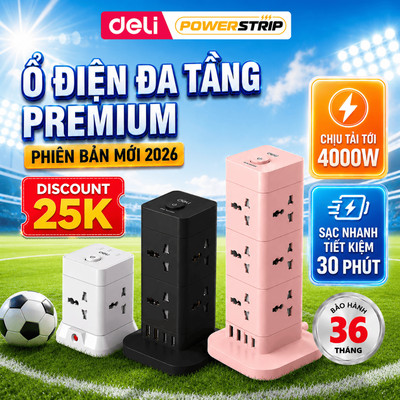 [BIG SALE] Ổ Cắm Điện Dáng Trụ, Ổ Điện Tháp DELI 8-12 Lỗ Cắm Cổng Sạc USB TypeC Nút Bảo Vệ Quá Áp Công Suất 2500W