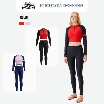 Bộ bikini nữ tay dài croptop quần dài chống nắng đi biển - Bikini Passport - BS571_RD