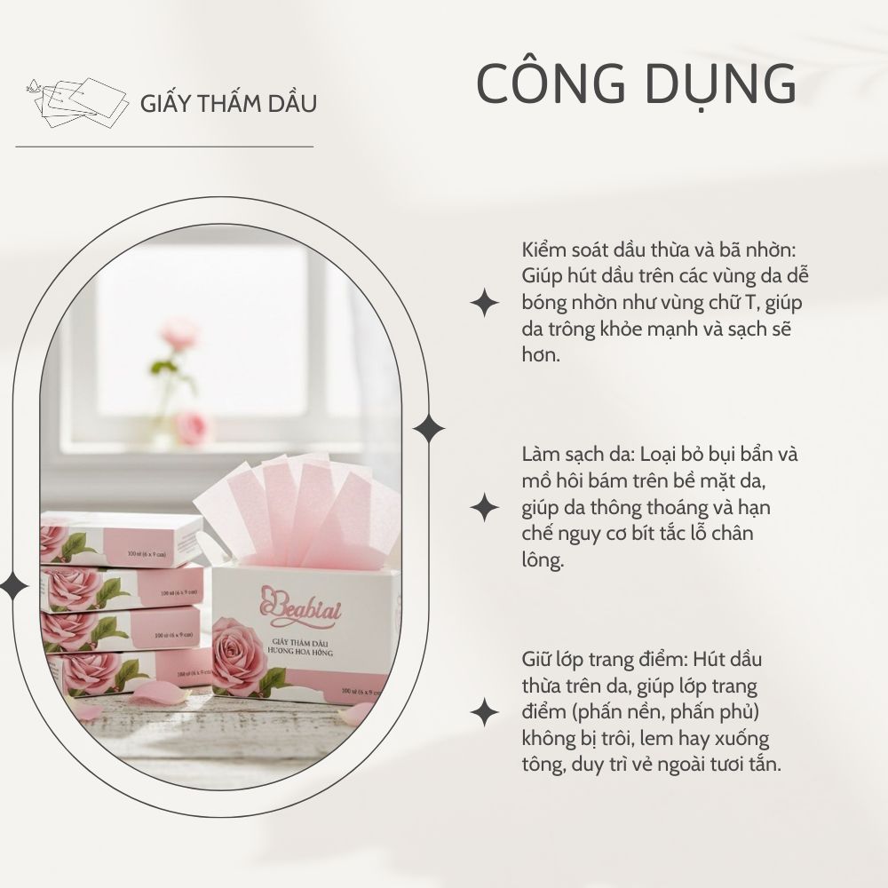 Ảnh 2 của Giấy Thấm Dầu BEABIAI kiểm soát nhờn hiệu quả, hút nhờn tức thì, làm sạch da mịn màng 100 tờ/ gói
