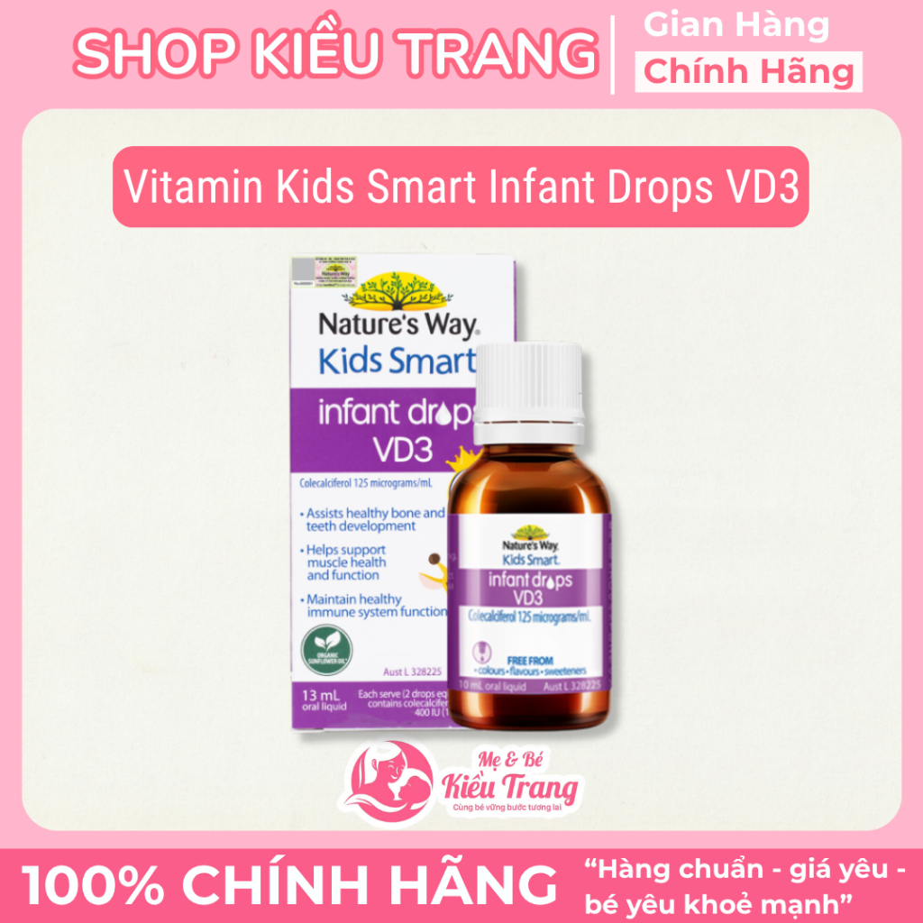 Vitamin D3 Drops Nature's Way Kids Smart D3 Thuần Chay Organic Bổ Sung Vitamin D Cho Bé 13ml Date 12