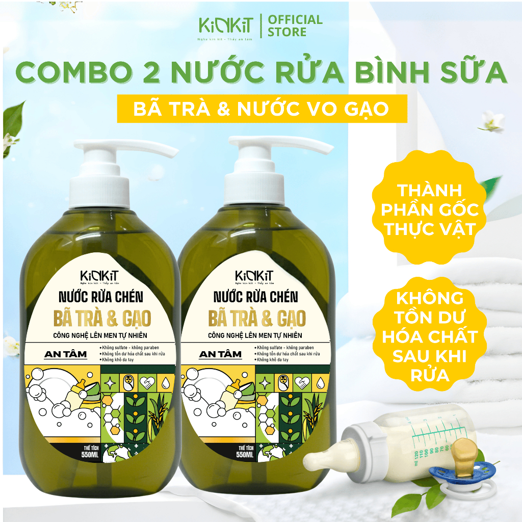 Nước Rửa Bình Sữa & Chén Bát Cho Bé Kháng Khuẩn KINKIT Trà & Gạo Không Tồn Dư Hóa Chất 550ML