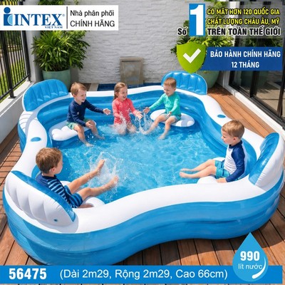 Hồ bơi phao cho bé Intex 56475, kích thước 2,29mx2m2/1m59x1m59, có thể 4-5 bé chơi, hình vuông có ghế, bảo hành 12 tháng