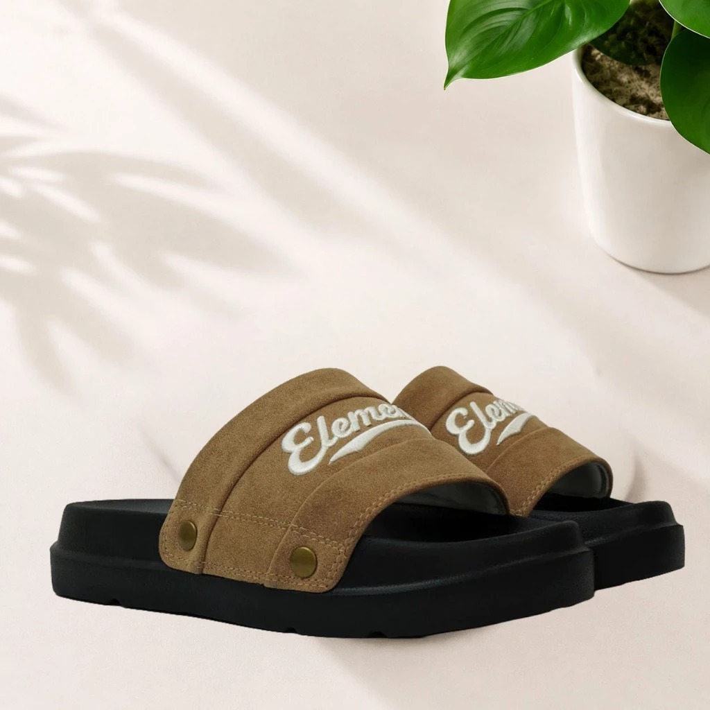 [TẶNG VỚ] Dép ELements Black Brown Dép quai Da Microfiber chữ thêu - Dép Nam Nữ ELements Đính Nút Un