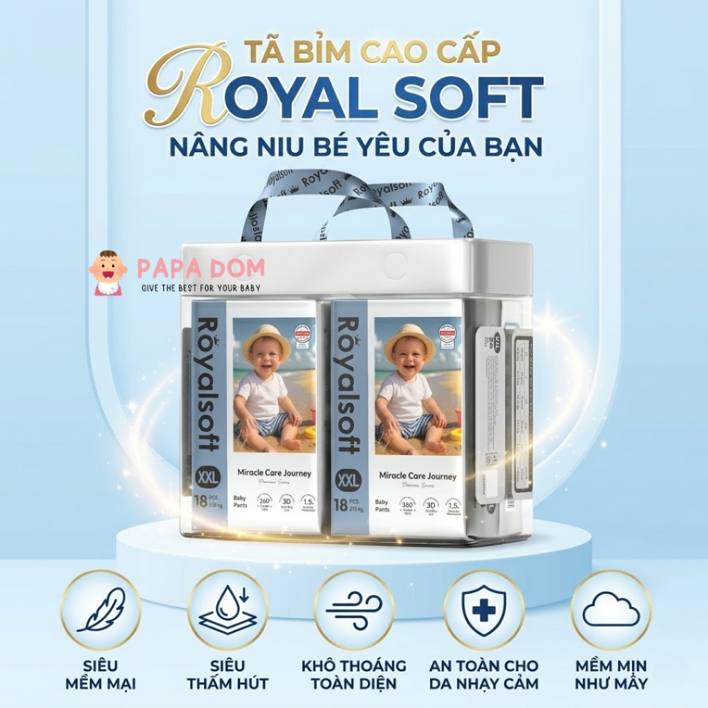 Tã Bỉm Cao Cấp RoyalSoft – Siêu Mềm Mại, Thấm Hút Tốt Cho Bé | Papa Dom