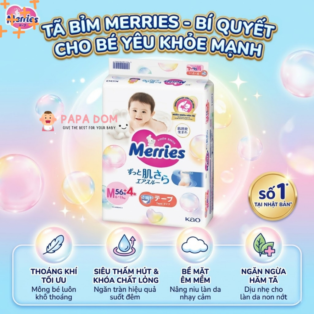 Tã/Bỉm Quần Dán Merries Nhật Bản Size NB - 2XL – Mềm Mại, Thấm Hút Cho Bé | Papa Dom