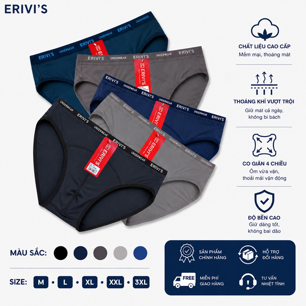 Combo 5 Quần lót nam Thun lạnh bốn chiều, thương hiệu ERIVIS - Hàng VN chất lượng cao