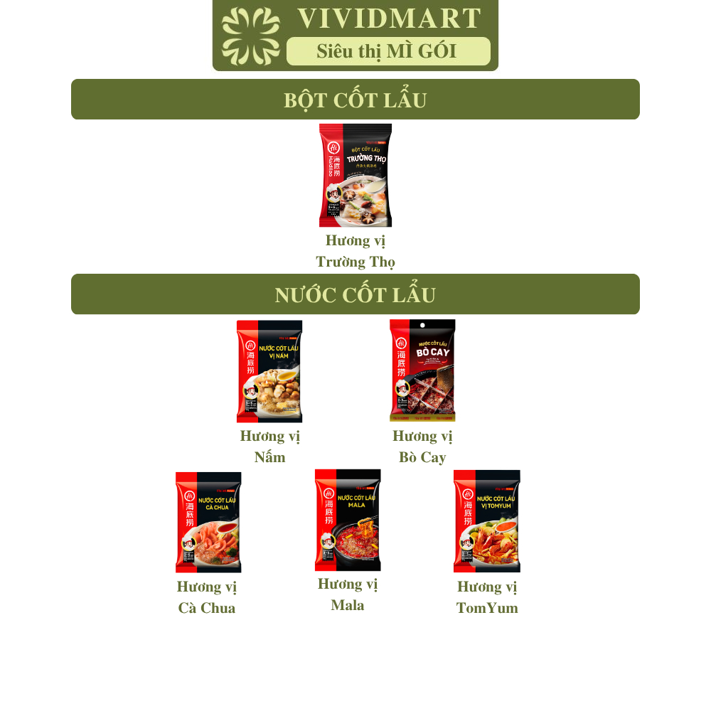 GÓI LẺ - HAIDILAO - Nước cốt lẩu Haidilao 6 vị: Cà chua, Bò cay, Mala, Tomyum, Nấm, bột cốt lẩu Trườ