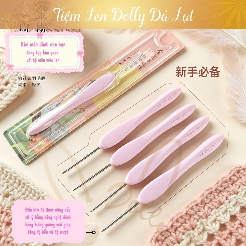Kim Móc Jinlan cán nhựa Hồng Tím - Tiệm Len Dolly Đà Lạt (kim móc hãng dành cho người mới 1.5, 1.8, 